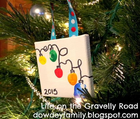 Finger Print Christmas Lights Craft, Preschool Christmas Gifts For Parents Ornaments, Christmas Preschool Crafts For Parents, Finger Print Christmas Lights, Pre K Christmas Gifts For Parents, Fingerprint Christmas Ornaments, Preschool Parent Christmas Gifts, 2s Classroom, Ornaments For Grandparents