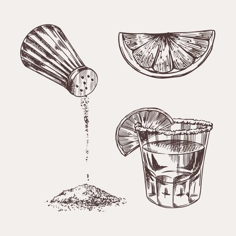 Tequila Drawing, Tequila Shot Tattoo, Tequila Tattoo, Cocktail Book Design, Shot Of Tequila, Meaning Tattoos, Matching Tats, Travel Tattoos, Tattoo Concepts