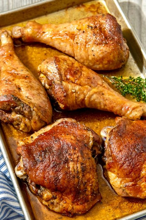 The Most Flavorful Roasted Turkey Legs or Thighs | recipe from The Fountain Avenue Kitchen Baked Turkey Legs, Turkey Thigh Recipes, Roasted Turkey Thighs, Roasted Turkey Legs, Turkey Leg Recipes, Turkey Pieces, Turkey Drumsticks, Baked Turkey Wings, Turkey Thighs