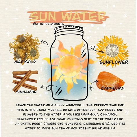 Witches of Instagram on Instagram: “Here's a quick method for making sun water! Do you enjoy making sun or moon water for your magick?⁠ .⁠ .⁠ .⁠ .⁠ .⁠ .⁠ .⁠ .⁠ .⁠ .⁠ .⁠ .⁠ .⁠…” Make Moon Water, Witch Info, Sun Magic, Modern Witchcraft, How To Make Water, Water Witch, Jar Spells, Moon Water, W.i.t.c.h Aesthetic