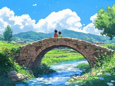 ↑↑↑ Larger size on website 🔸 The image depicts a picturesque scene of a stone arch bridge spanning a tranquil river, with two fig Stone Arch Bridge, Serene Landscape, Arch Bridge, Stone Arch, Green Hills, Stone Bridge, White Clouds, Lush Green, Fig