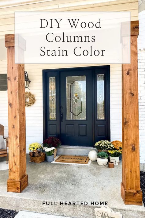 DIY Porch Columns Stain Color - Full Hearted Home Diy Porch Columns, Wood Columns Porch, Porch Beams, Front Porch Posts, Porch Pillars, Front Porch Columns, Porch Wood, Front Porch Makeover, Wooden Columns