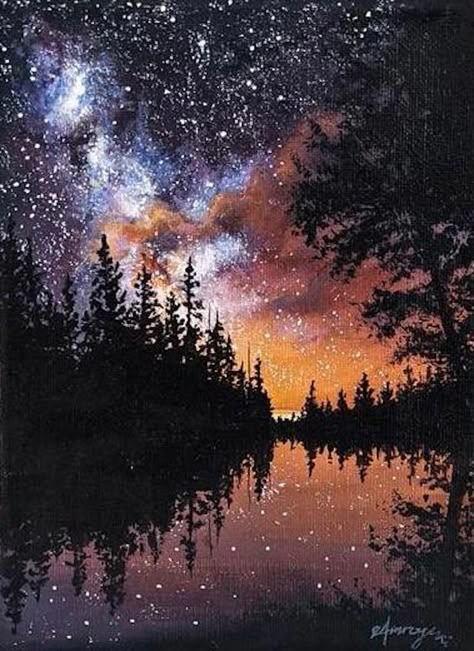 Pencil Charcoal Ink Pastel Watercolor Acrylic Oil Digital art Night Acrylic Painting, Starry Night Painting, Night Sky Painting, Lake Painting, Twinkling Stars, Bleach Art, Galaxy Painting, Night Landscape, Art Painting Gallery