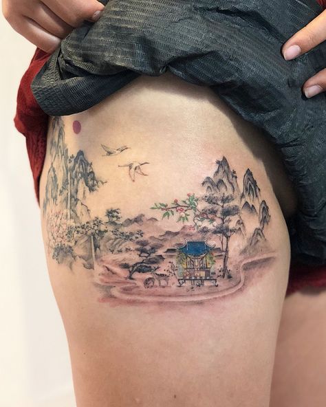 Mountains cranes and little buildings drawn in traditional Korean style. There are 2 🦌’s, too. *the half including the cranes with white… Traditional Korean Art Tattoo, Korea Tattoo, Korean Tattoo, Crane Tattoo, Korean Tattoos, Traditional Sleeve, Mountain Tattoo, Traditional Korean, Korean Art