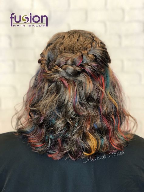 Curly Hair Rainbow Highlights, Under Color Curly Hair, Rainbow Color Hair Ideas, Curly Hair With Color Underneath, Curly Hair Color Ideas Peekaboo, Brown Hair Rainbow Highlights, Brown Hair With Rainbow Highlights, Fun Curly Hair Color, Rainbow Highlights Hair Brown