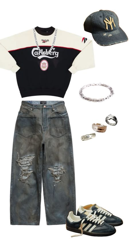 Men’s Street wear inspired outfit. Distressed denim Early 2000s Streetwear Men, Ahs Style Outfits Men, Men Outfit Collage, Outfit Collage Men, Collage Outfits Men, Ahs Style Men, Y2k Outfits Men 2000s Streetwear, 2000s Outfits Men, 2000s Fashion Outfits Men