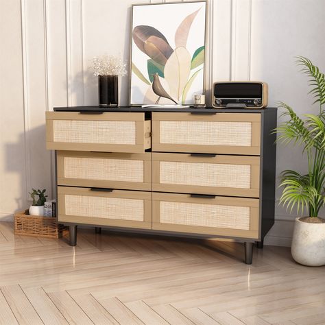 Details: [Modern natural rattan] The rattan dress adopts simple black color and natural rattan drawer design, providing you with a simple and spacious sorting and storage solution. Dresser Rattan, Rattan Dresser, Accent Chests And Cabinets, Wooden Dresser, Drawer Design, Brown Living Room, Bedroom Furniture Dresser, 6 Drawer Dresser, Bedroom Dressers