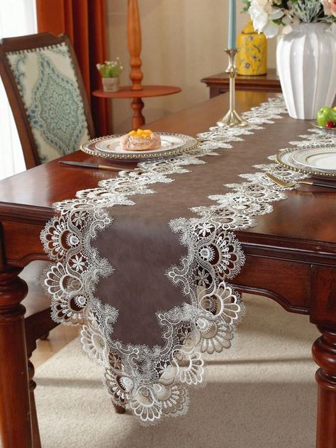 Caffè Marrone  Collar  Poliestere   Embellished Embroidered Table Runner, Kitchen Fabric, Table Flag, Coffee Brown, Outdoor Parties, Dining Table Decor, Kitchen Home, Home Textile, Table Runner