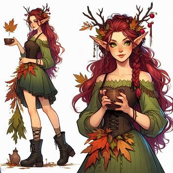 Woman With Antlers Art, Autumn Leaves Dress, Forest Elf Outfit, Fall Eladrin, Autumn Eladrin Female, Fantasy Elf Outfit, Elf With Antlers, Spring Eladrin Female, Dnd Character Design Female Elf