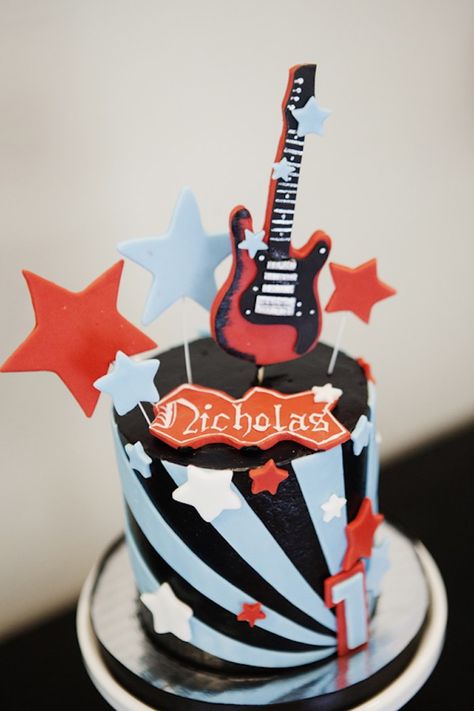 Cake from a Rock Star Birthday Party via Kara's Party Ideas | KarasPartyIdeas.com (24) Rock N Roll Birthday Cake, Rock And Roll Birthday Cake, Rockstar Birthday Cake, Rock Star Birthday Cake, Star Themed Cake, Stick Pretzels, Rockstar Cake, Rock Star Cakes, Birthday Cake For Daughter