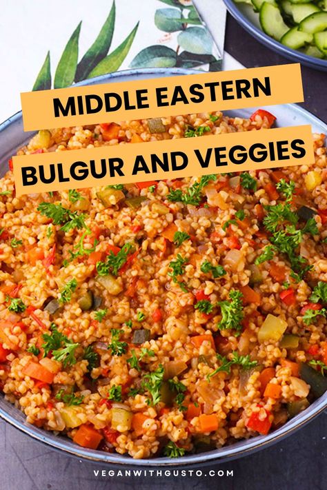 Savor the vibrant flavors of this easy, Vegan Middle Eastern Bulgur and Veggies dish. It’s oil-free, brimming with healthful veggies, and seasoned with a warm Baharat spice blend. The quick-cooking bulgur offers a hearty, plant-based base, making this dish healthy and satisfying. Get ready to immerse yourself in a taste adventure that's as easy as it is wholesome. Be prepared to be asked for seconds! So why wait? Get the recipe and instructions now. Bulgar Recipes Dinner, Vegan Bulgur Recipes, Bulgur Vegan, Bulgar Recipes, Vegan Middle Eastern, Bulgur Soup, Bulgur Wheat Recipes, Bulgur Pilaf, Bulgur Recipes