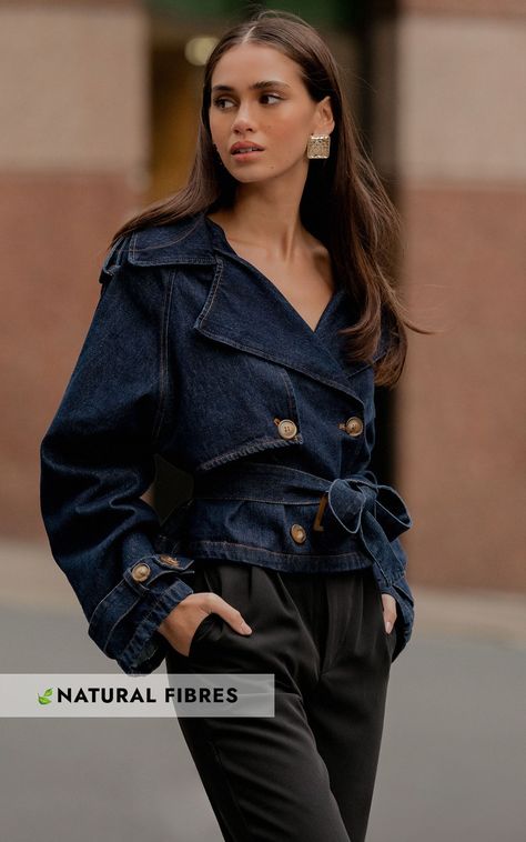 Denim Trench Coat Outfit, 60s Denim, Jeans Coat, Basic Black Dress, Trench Coat Outfit, Denim Trench Coat, Neon Outfits, Bachelorette Dress, Navy Bridesmaid Dresses