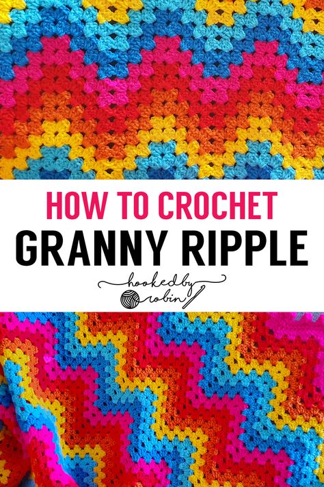 Learn how to crochet the Granny Ripple / Chevron Stitch AND How to Crochet a Border Around it! A full complete step by step guide - both written pattern AND video tutorial! Crochet Bobble Blanket, Ripple Stitch Crochet, Hooked By Robin, Crochet Patchwork Blanket, Bobble Blanket, Ripple Afghan Pattern, Chevron Crochet Patterns, Crochet Granny Stitch, Crochet Ripple Pattern