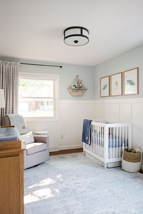 Nursery Ideas Blue Walls, Coastal Boy Nursery, Light Blue Nursery, White Curtain Rod, Twin Nursery, Blue Nursery Boy, Coastal Nursery, Dusty Coral, White Crib