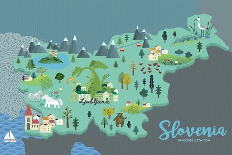 Slovenia - I, Wanderlista Slovenia Illustration, Europe Scrapbook, Map Of Slovenia, Maps Illustration, Enchanted Castles, Maps Aesthetic, Denmark Map, Lake Bled Slovenia, Slovenia Travel