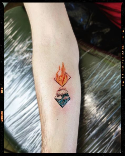 Inspiration Water And Fire Matching Tattoo, Element Tattoo Ideas, Rhombus Tattoo, Fire And Water Tattoo, Small Friendship Tattoos, Son Tattoos, Element Tattoo, Tato Tradisional, Air Tattoo