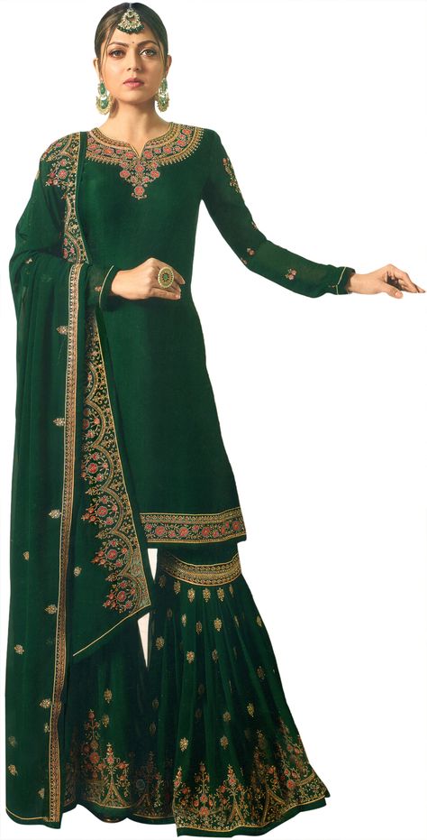 Green Gharara, Sarara Dress, Roka Ceremony, Indowestern Dresses, Gharara Designs, Orang India, Bamboo Diy, Jacket Designs, Desi Fits