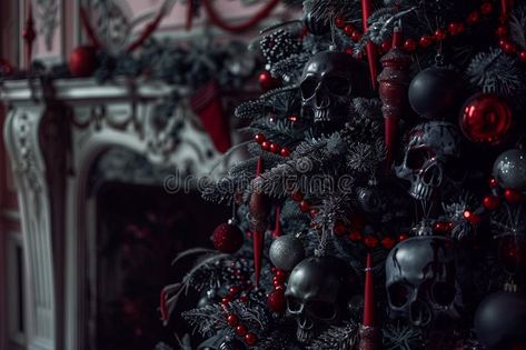 Medium shot, , spooky Christmas tree decorated with dark, gothic ornaments like royalty free stock photo Witch Christmas Tree, Gothmas Tree, Goth Christmas Decorations, Spooky Christmas Decorations, Gothic Christmas Aesthetic, Goth Tree, Dark Christmas Decor, Goth Christmas Tree, Satanic Christmas