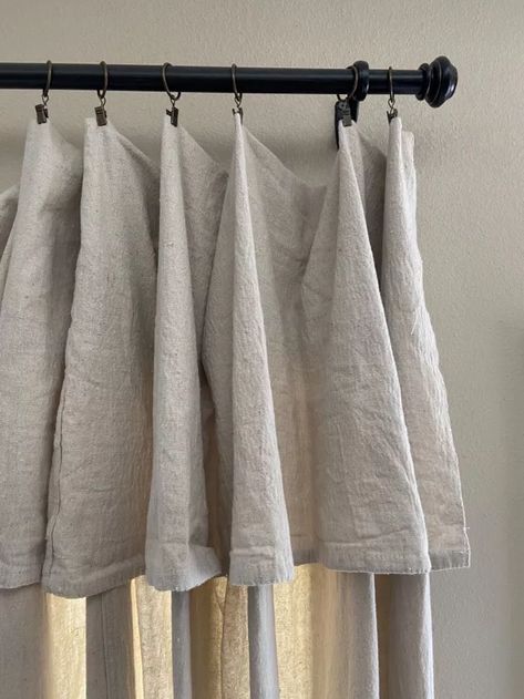 Who all has seen the beautiful drop cloth curtains all over pinterest and instagram? I was seeing them all over the place for months and then decided to give it a try.Initially when we built our house we put 2�” faux wood blinds up in all of the bedrooms and on all of the windows on front of the house downstairs.Bringing us to the DIY drop cloth curtains....I love being able to see out without having to look though blinds, but we also wanted some privacy at night. I've looked and looked… Diy Drop Cloth Curtains, Shower Curtain With Valance, Stenciled Curtains, Drop Cloth Projects, Cloth Curtains, Closet Curtains, Pot Rack Hanging, Faux Wood Blinds, Drop Cloth Curtains