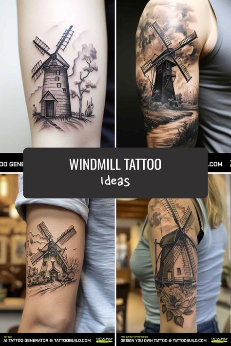 Explore stunning windmill tattoo designs revealing deep meanings. Find inspiration for meaningful and stylish windmill tattoos to symbolize resilience and heritage in tattoos crafted for ladies. Mill Tattoo, German Tattoo Ideas For Women, Windmill Tattoo, Meaningful Symbol Tattoos, German Tattoo, Farm Windmill, Windmill Art, Design Tattoos, My Tattoos