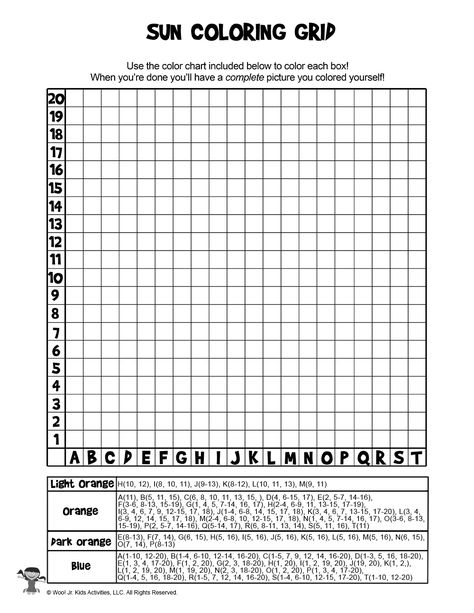 Summer Sunshine Mystery Picture Coloring Activity Page | Woo! Jr. Kids Activities Grid Coloring Pages, Grid Coloring, Pixel Grid, Pokemon Pixel, Pixel Art Pokemon, Pixel Color, Screen Free Activities, Color Puzzle, Mystery Pictures