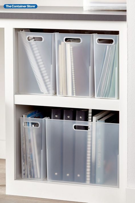 With the modular Shimo Collection, taking a minimalist approach to storage can give you maximum flexibility. These tall bins are durable and easy to carry so you can use them for a variety of functions. Line them up on a shelf to organize large items, notebooks, files or office supplies.They are ideal for storing crafts, toys or linens. Their sleek, translucent design looks great with any style. Integrated handles keep everything portable. Office Supplies Closet, Small Office Organization, Notebook Storage, Toy Room Organization, Home Office Shelves, Desk Organisation, Office Organisation, Office Supply Storage, Storage Room Organization