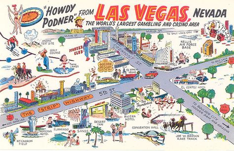 Vintage Cartoon Las Vegas Map Las Vegas Strip Map, Old Las Vegas, Las Vegas Map, Old Vegas, Boulder City, Display Boards, Las Vegas City, Hoover Dam, Vegas Hotel