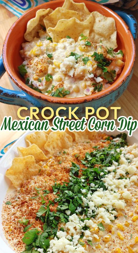 A creamy, cheesy slow cooker party dip recipe with all the flavors of hot Mexican Street Corn Street Corn Dip Recipe Crock Pot, Thanksgiving Potluck Ideas Crock Pots, Mexican Street Corn Dip Crock Pot Easy, Slow Cooker Taco Dip, Crock Pot Street Corn Dip, Elote Dip Crockpot, Easy Crock Pot Appetizers For A Party, Crockpot Mexican Street Corn Dip, Crockpot Pot Luck Ideas