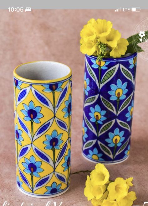 Painted Pottery Designs, Pottery Cylinder, Blue Pottery Designs, Recycled Cans, Dried Flower Vase, Pots Diy, Plant Pot Design, Painted Ceramic Plates, Hand Painted Bottles