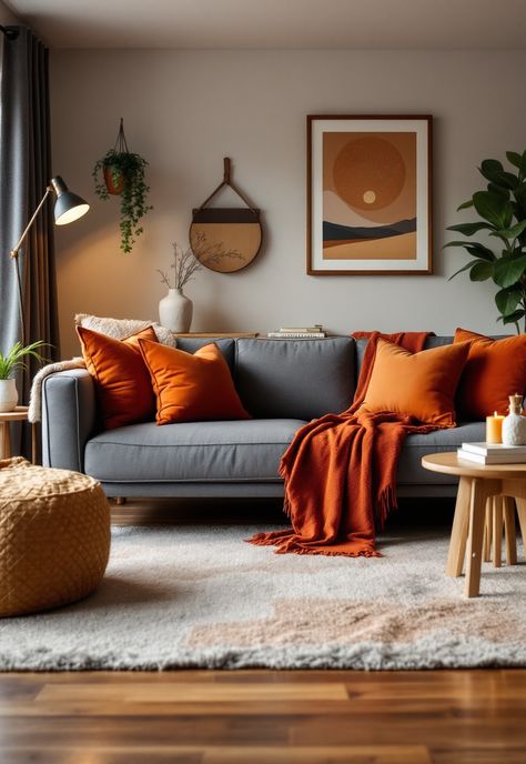 Grey Couch Living Room Adding Warmth To A Grey Room, Grey Couch Warm Living Room, Burnt Orange And Grey Living Room, Grey And Burnt Orange Living Room, Dark Grey Sofa Living Room Ideas, Cozy Grey Couch, Living Room Warm Tones, Grey And Orange Living Room, Grey Couch Living Room Ideas