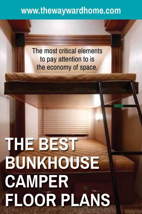 If you're looking for a bunkhouse camper floor plan, check this article out now! We've done all the research for you, so you don't have to! Check out the best bunkhouse camper floor plans we could find here. Camper Layout Floor Plans, Rv Layout Floor Plans, Camper Bunkhouse Remodel, Camper Floor Plans, Bunkhouse Camper, Camper Organization Travel Trailers, Bunkhouse Travel Trailer, Travel Trailer Floor Plans, Camper Flooring