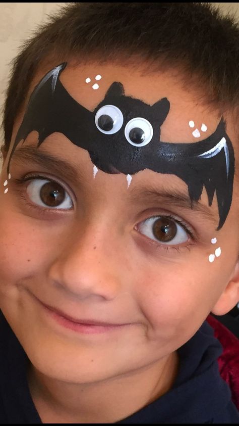 Bat Face Painting Kids, Face Painting For Halloween For Kids, Kids Bat Makeup, Halloween Simple Face Paint, Halloween Face Paint Kids Easy, Halloween Kid Face Paint, Easy Kids Halloween Face Paint, Bat Face Paint Kids, Kids Face Painting Ideas Easy Halloween