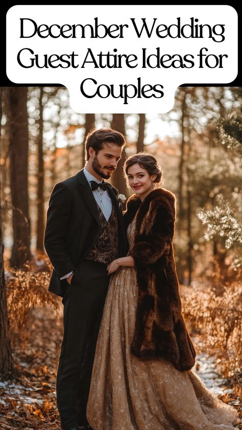 Couples dressed in elegant winter wedding guest attire for a December celebration. Coordinating Wedding Guest Outfits, Semi Formal Wedding Attire For Guest Men, Christmas Wedding Attire, Semi Formal Wedding Attire For Guest, Winter Cocktail Attire, Dress Cover Up Formal, December Weddings, Semi Formal Dresses For Wedding, Semi Formal Wedding Attire