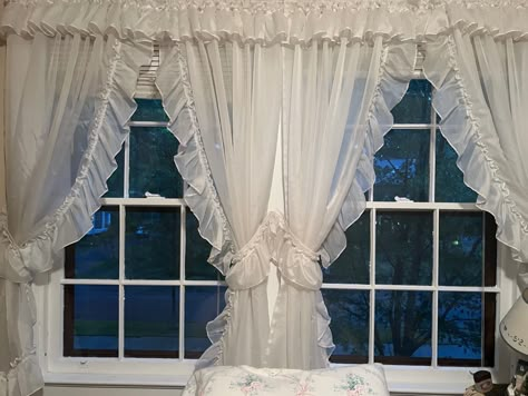 White, coquette, pink, summer, lace, delicate, blue, lana del ray Coquette Curtains Bedroom, White Coquette Bedroom, Coquette Bedroom Blue, Blue Coquette Bedroom, Coquette Window, Blue Vintage Room, Coquette Curtains, Blue Coquette Room, Safe Space Ideas