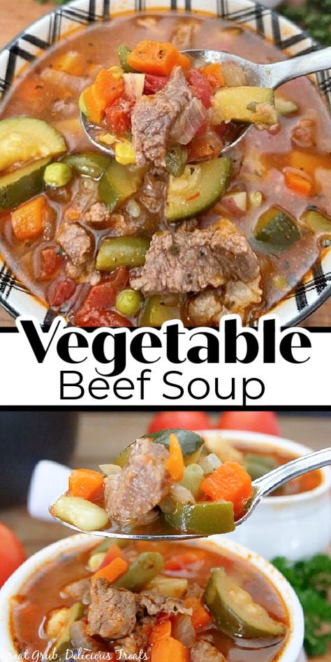 Vegetable Beef Soup is a hearty and delicious soup with tender chunks of beef, all sorts of vegetables, and a soup broth that tastes amazing. Veg Beef Soup, Soup With Beef Broth, Beef Veggie Soup, Beef Soup Bones, Homemade Beef Broth, Homemade Vegetable Beef Soup, Veggie Soup Recipes, Beef And Vegetables, Hearty Soup Recipes