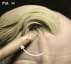 Sculpting realistic hair: achieve realistic details using scalpels, large loops, & (what resembles) an acne removing tool- oval loop tool. Hair Sculpting, Sculpting Tutorials, Sculpture Techniques, 얼굴 그리기, Clay Faces, Ceramic Techniques, Polymer Clay Dolls, Pottery Techniques, Pottery Sculpture