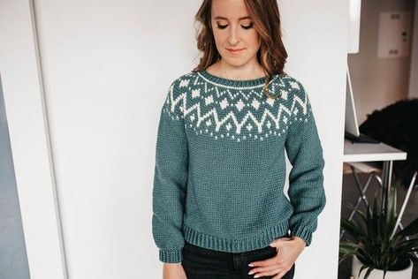 If you fancy incorporating some fabulous fair isle into your winter warmers, then how about this beautiful Fair Isle pullover crochet pattern by Courtney Clark of Tinderbox. It’s the stunning fair Isle yoke that we love most about it, and being another design that can be made in size XS – 5XL everyone can indulge in some fair isle fanciness! Fair Isle Crochet Pattern, Crochet Fair Isle, Crochet Jumper Pattern, Fair Isle Crochet, Crochet Jumper, Crochet Sweater Pattern Free, Nordic Sweater, Crochet Poncho Patterns, Sweater Crochet