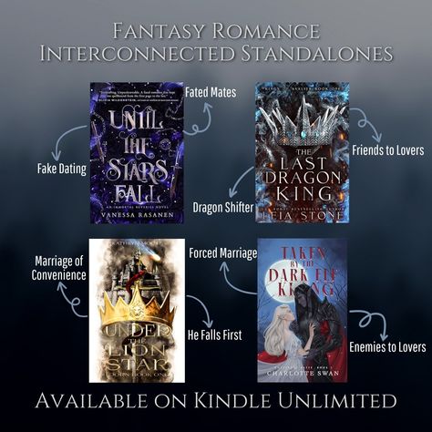 Sometimes you just need a standalone. Each of these books can be read as a standalone, but have more books in the same universe for you to enjoy. One of my favorite things about fantasy romance interconnected standalones is that they are lighter on the world-building, making them easier to dive into and consume. All of these are available on Kindle Unlimited! Have you read any of these books yet? Until the Stars Fall by @vanessarasanenauthor The Last Dragon King by @leiastoneauthor Und... Dark Elf King, Dark Fantasy Novels, Fairytale Romance, Book Tropes, Books Recommendations, Kindle Unlimited Romances, Elf King, Fantasy Reads, Book Bucket