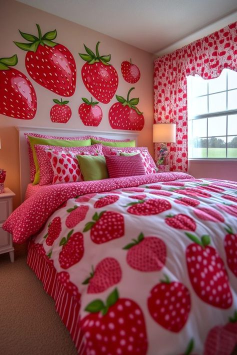 Cool Teenage Girl Rooms, Strawberry Bedroom, Fantasy Bedroom Ideas, Cloud Bedroom, Comfortable Bedroom Decor, Castle Rooms, Dreamy Night, Strawberry Theme, Teenage Girl Room