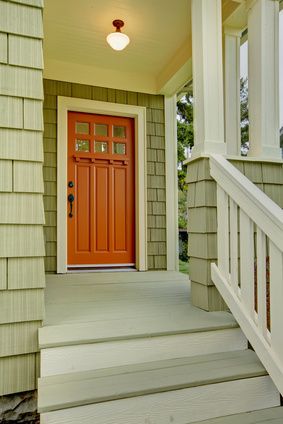 Orange Front Door, Green House Color, Orange Front Doors, Best Front Door Colors, Property Insurance, Tan House, Best Front Doors, Best Exterior Paint, Green Front Doors