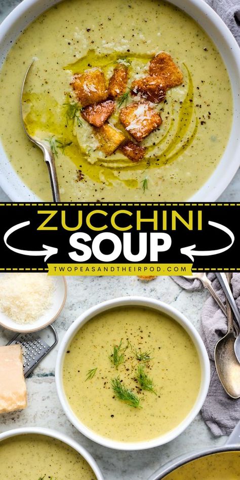 This Zucchini Soup is a healthy zucchini recipe made with onion, garlic, herbs, zucchini, and white beans blended to thicken the soup. Pin this creamy and savory zucchini recipe! Zucchini And Bean Soup, Zucchini Puree Soup, Shredded Zucchini Soup, Zuccinni Recipe Soup, Gray Zucchini Recipe, Curried Zucchini Soup, White Bean Zucchini Soup, Keto Zucchini Soup, Roasted Zucchini Soup