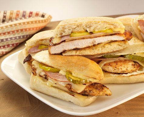 Craving a classic Cuban-style sandwich? Try this hearty combination of chicken, ham and pickles tucked into a fresh Ciabatta roll. Smashed Chicken, Pickle Appetizer Recipes, Cuban Sandwich Recipe, Cuban Chicken, Louisiana Cooking, Ham Wraps, Ciabatta Roll, Homemade Ham, Chicken Ham