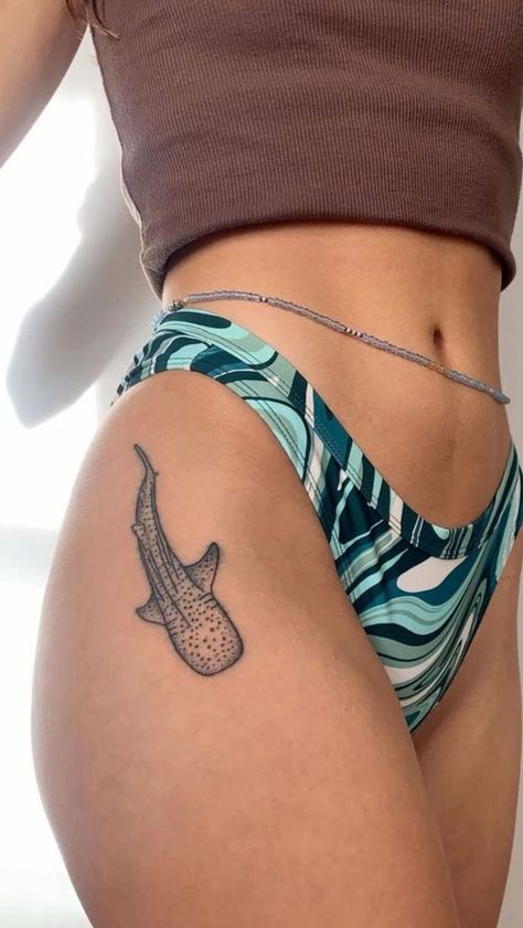 Shark Tattoo On Calf, Shark Themed Tattoos, Hip Tattoos Women Ocean, Whale Shark Hip Tattoo, Whale Shark Tattoo Color, Shark Tattoo On Leg, Shark Tattoo On Ribs, Beachy Back Tattoos, Feminine Fish Tattoo