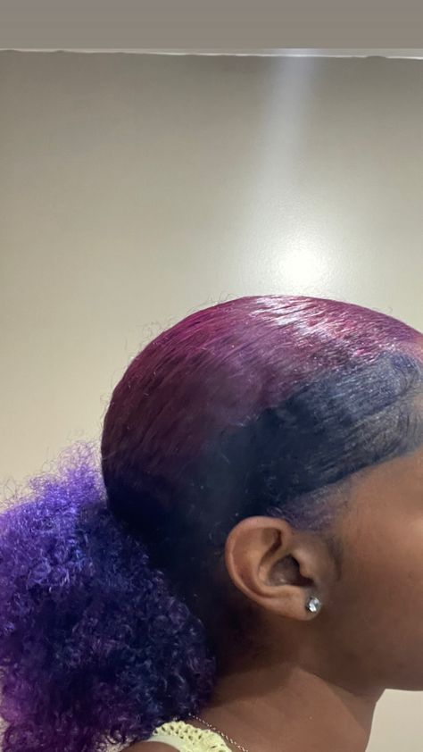 Blue Purple Hair Black Women, Peekaboo Hair Color Blue And Purple, Sunk Stripes Hair Purple, Purple And Brown Hair Black Women, Purple And Blue Hair Black Women, Dyed Hair Inspiration Purple, Blue And Purple Dyed Hair, Hair Dye Color Combos, Purple Hair Dye Ideas For Black Hair