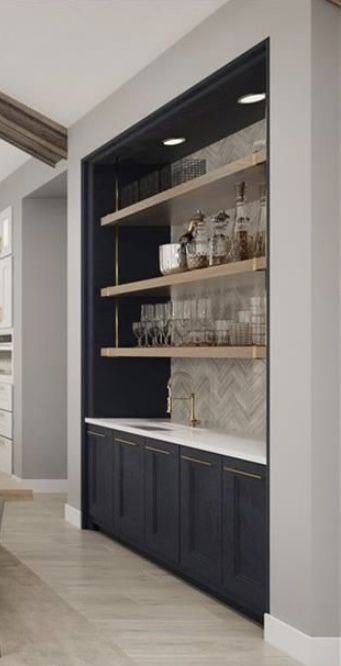 Modern Wall Bar Ideas For Home, Wet Bar Master Suite, Built In Beverage Bar, Open Bar Home, Bar In Wall Ideas, Inset Bar Area, Dining Room Wall Bar Ideas, Cabinet Nook Ideas, Home Coffee And Wine Bar Ideas