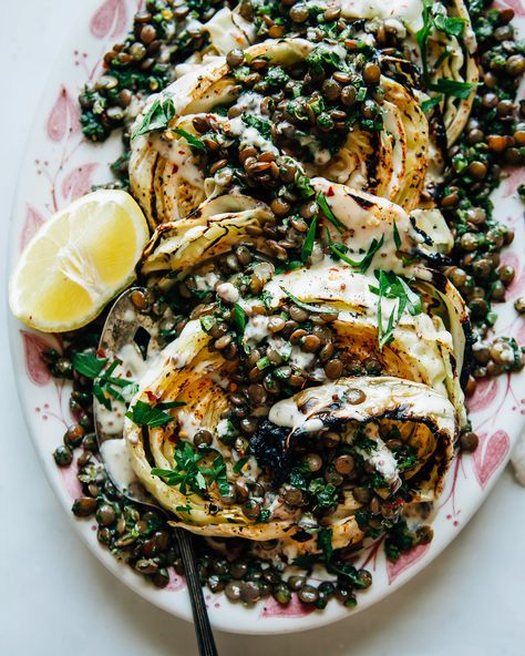 Cabbage Steaks with Jalapeño Chimichurri Lentils - The First Mess Grilled Cabbage Steaks, Grilled Cabbage, Cabbage Steaks, Maple Mustard, Cooked Cabbage, Veggie Burger, Roasted Cauliflower, Tahini, Grilling Recipes