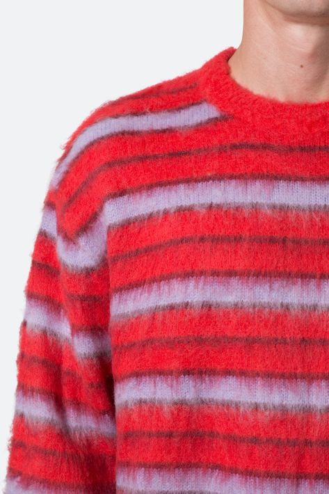 the Striped Mohair Sweater is a custom striped knit sweater that is constructed from a synthetic blend yarn and features a standard fit, and is finished in a brushed exterior texture. details classic fit 60% cotton 40% acrylic model is 6’1, 140 lbs and wears a size medium washing instructions: due to the fabric content on this style, dry clean only Mohair Knit, Korean Streetwear, 150 Lbs, 110 Lbs, Striped Pullover, Sherpa Pullover, Mohair Sweater, Denim Flares, Knitted Jumper