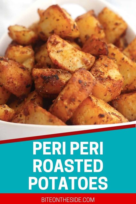 Peri Peri Potatoes, Portuguese Vegetable Recipes, Spicy Potatoes Recipes, Portuguese Potatoes Recipes, Portuguese Side Dish Recipes, Prego Rolls, Portuguese Roasted Potatoes, Portuguese Chicken And Potatoes, Portugese Style Potatoes