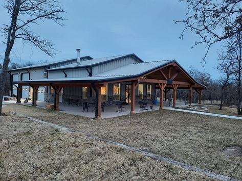 Barndominium With Chimney, Gables On Barndominium, Country Style Barndominium, Southern Style Barndominium, Barndominium Ideas Wisconsin, Barndominium Floor Plans With Attached Garage, Barndominium Covered Porch, Barndominium Additions, Barndominium Ideas Exterior With Shop