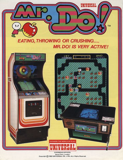 Mr. Do! (1982 Universal) School Video, Retro Arcade Games, Apple Ii, Arcade Game Machines, Arcade Video Games, Video Game Posters, Nintendo Sega, Vintage Video Games, Video Game Music